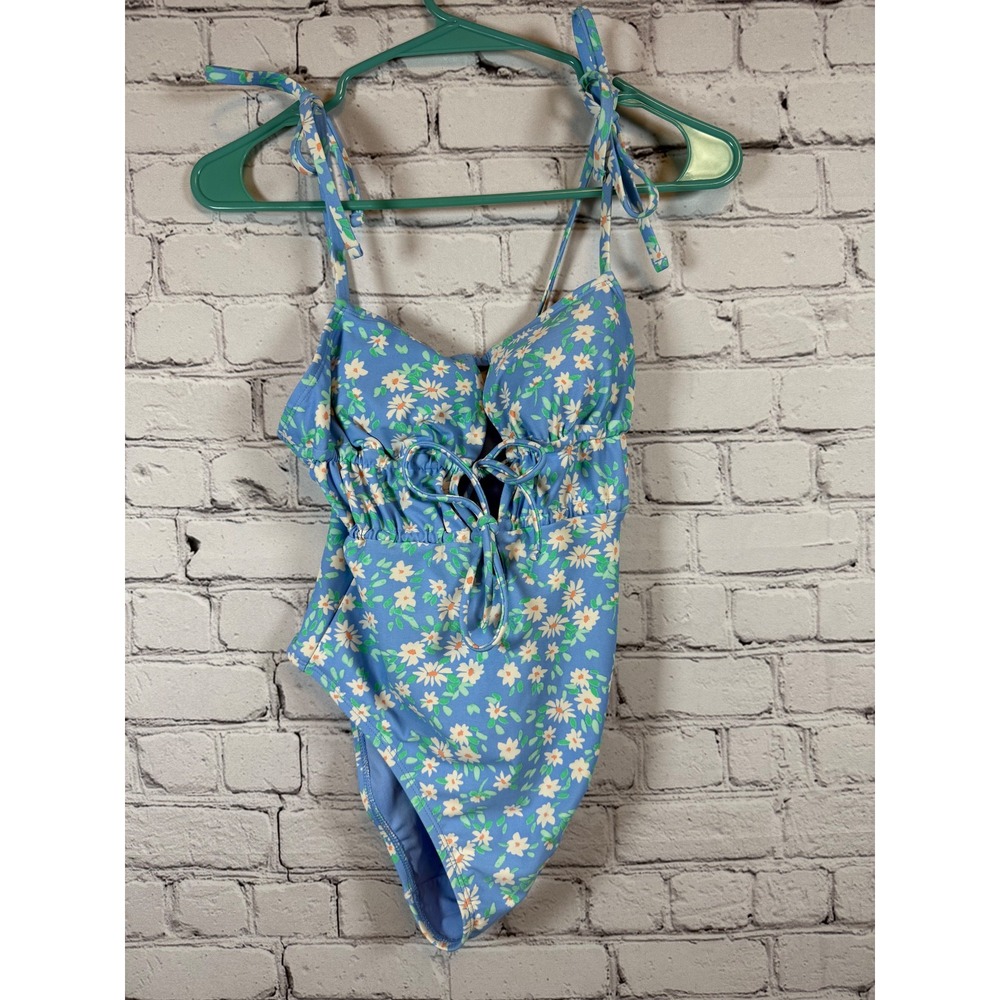 Xhileration Floral One Piece Swimsuit‎ Tie Straps Blue Swimwear Cute Summer  S - Picture 2 of 4